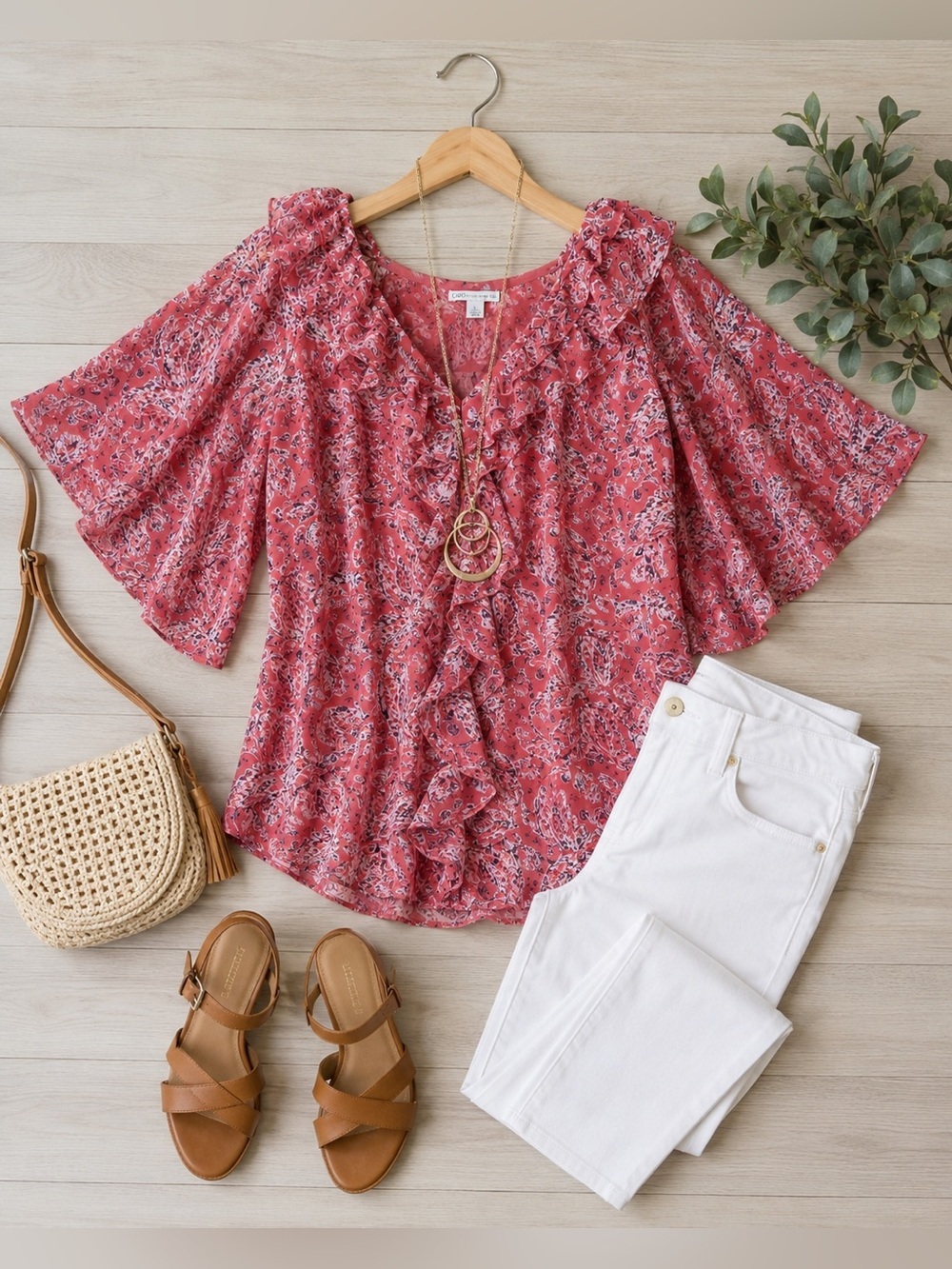 Cato Pink Paisley Floral Ruffle Flutter Sleeve Blouse
